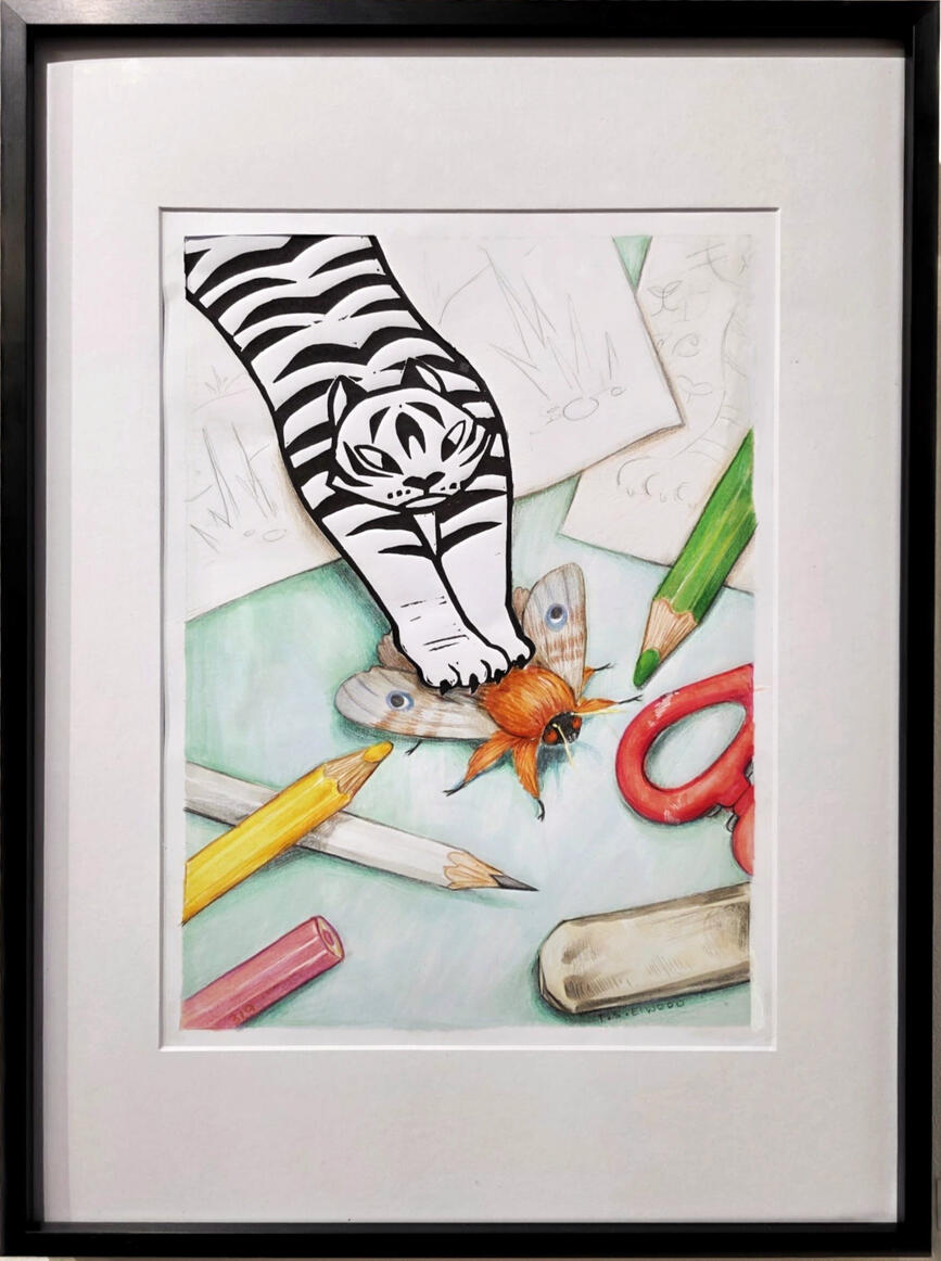 Out Of Line - lino print and pencil