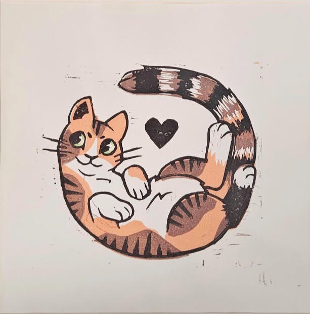 Tummy Rub - lino print